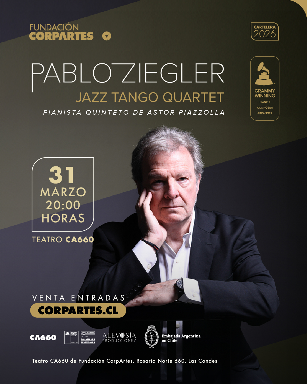 Ganador de premios Grammy Pablo Ziegler llega a Santiago