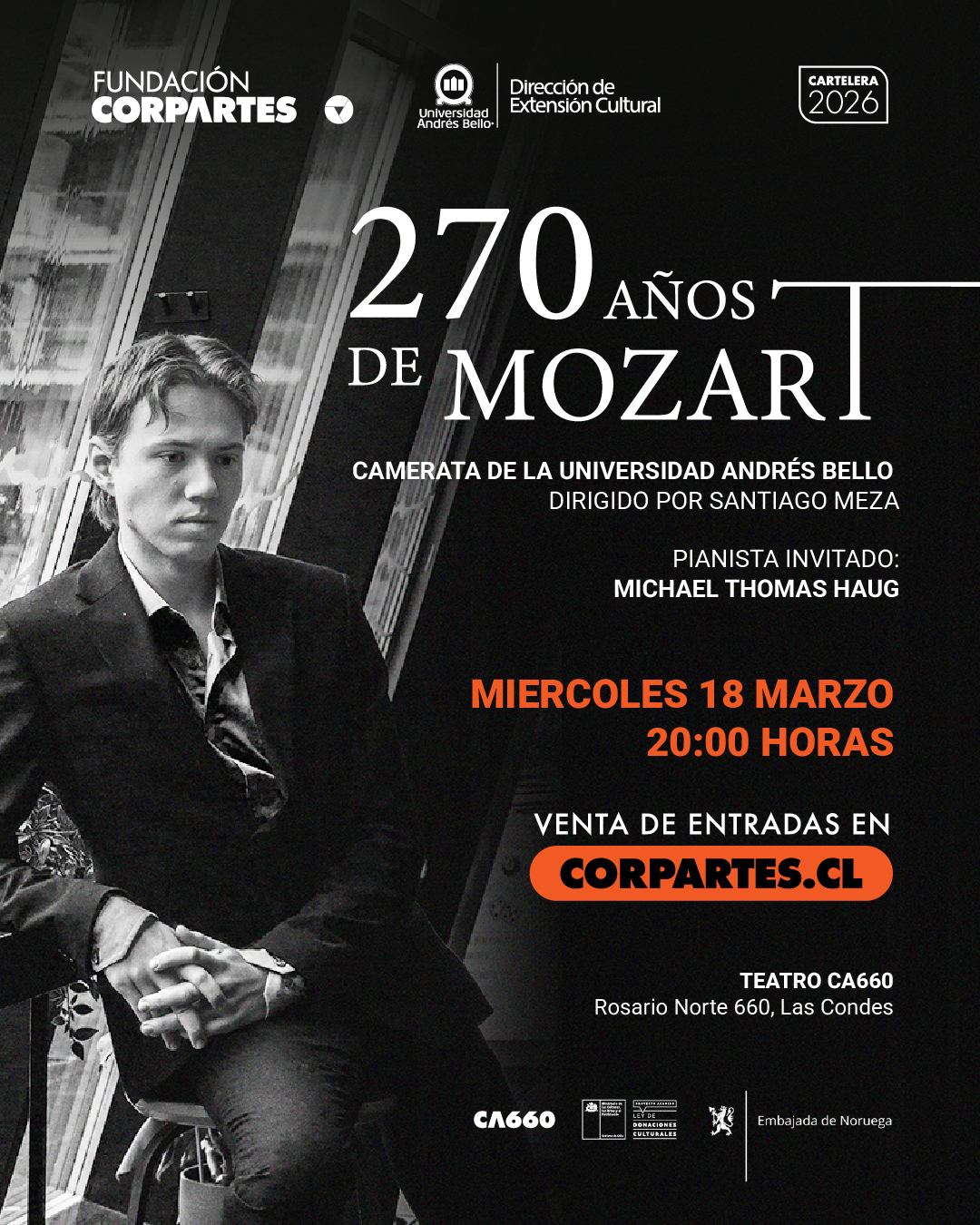 270 años del natalicio de Mozart: Fundación CorpArtes y UNAB rendirán imperdible homenaje